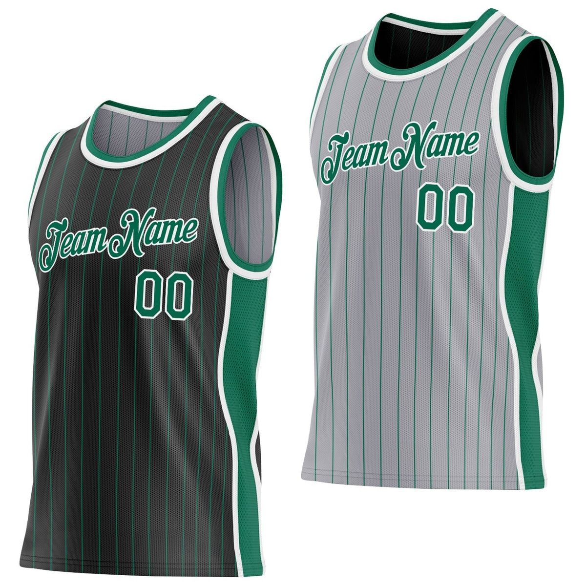 Custom Black Gray Kelly Green Pinstripe Side Panels Reversible Double Side Sublimation Basketball Set Jersey
