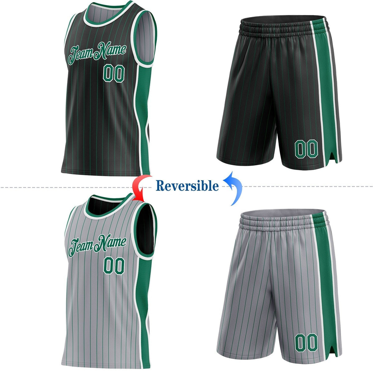 Custom Black Gray Kelly Green Pinstripe Side Panels Reversible Double Side Sublimation Basketball Set Jersey photo 2