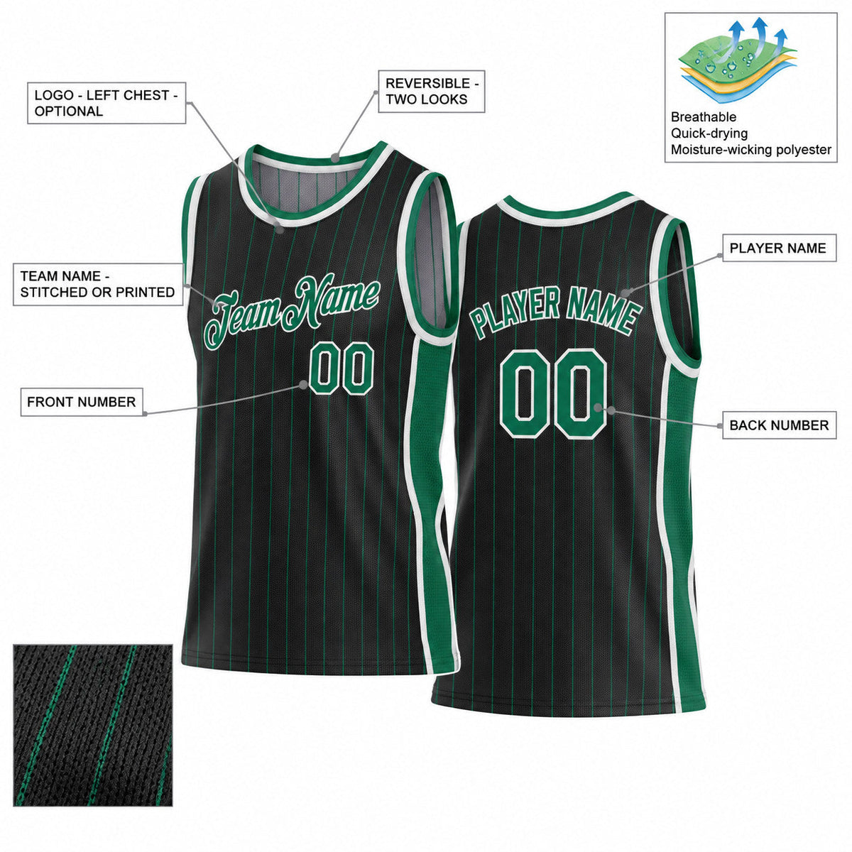 Custom Black Side Panels Pinstripe Reversible Basketball Jersey Set with Gray Lettering customization guide