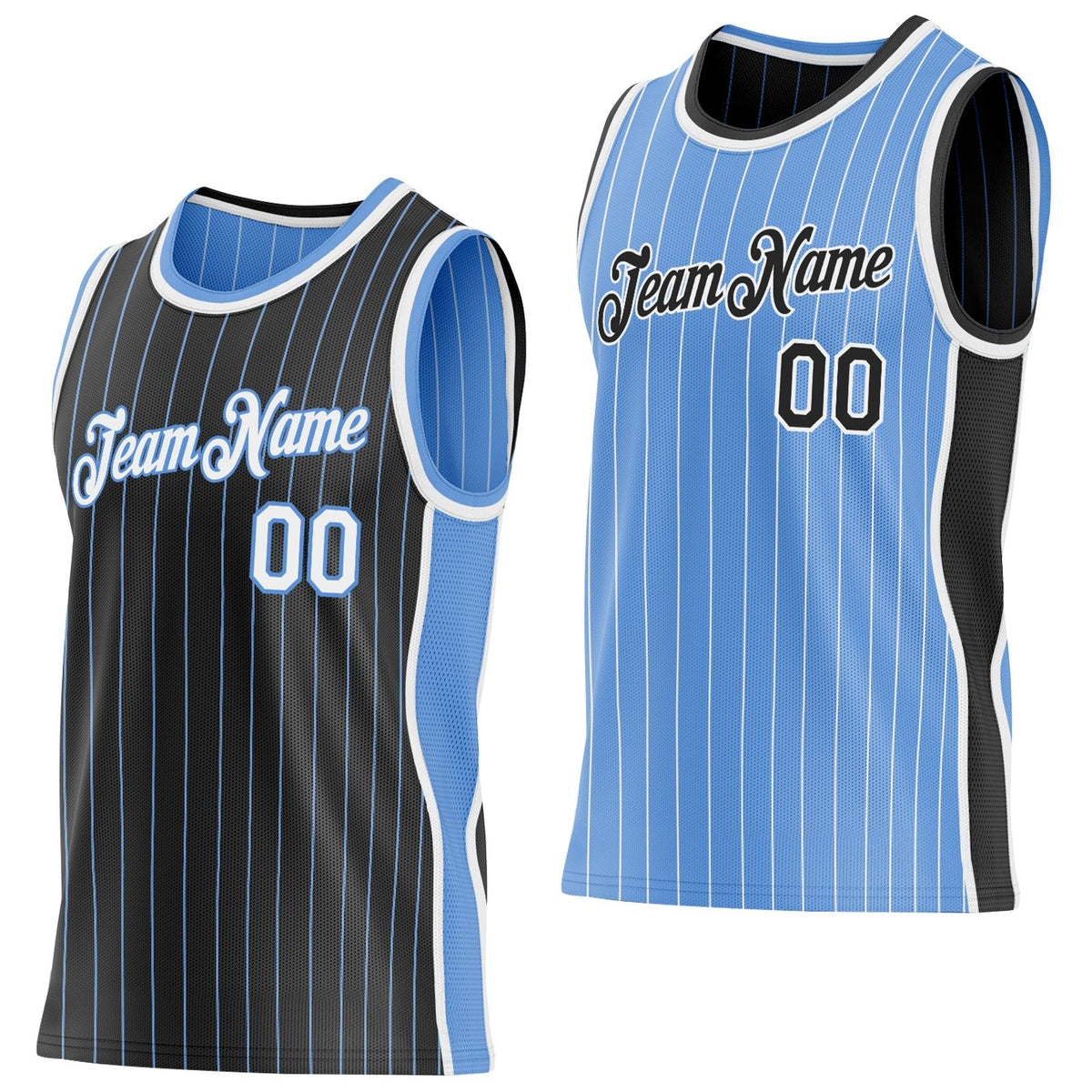 Custom Black Light Blue Pinstripe-White Side Panels Reversible Double Side Sublimation Basketball Set Jersey