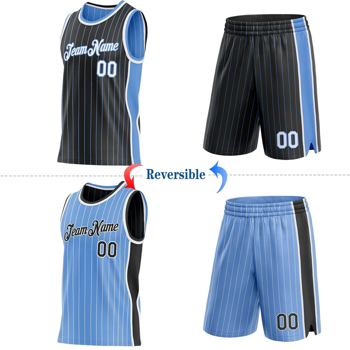 Custom Black Light Blue Pinstripe-White Side Panels Reversible Double Side Sublimation Basketball Set Jersey photo 2