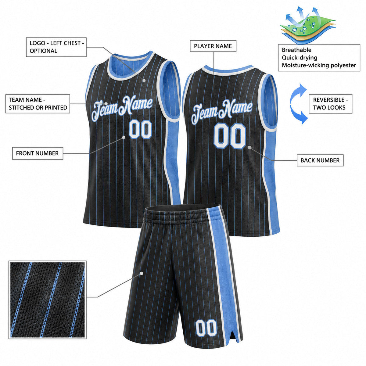 Custom Black and Light Blue Side Panels Basketball Jersey Set with White Lettering customization guide