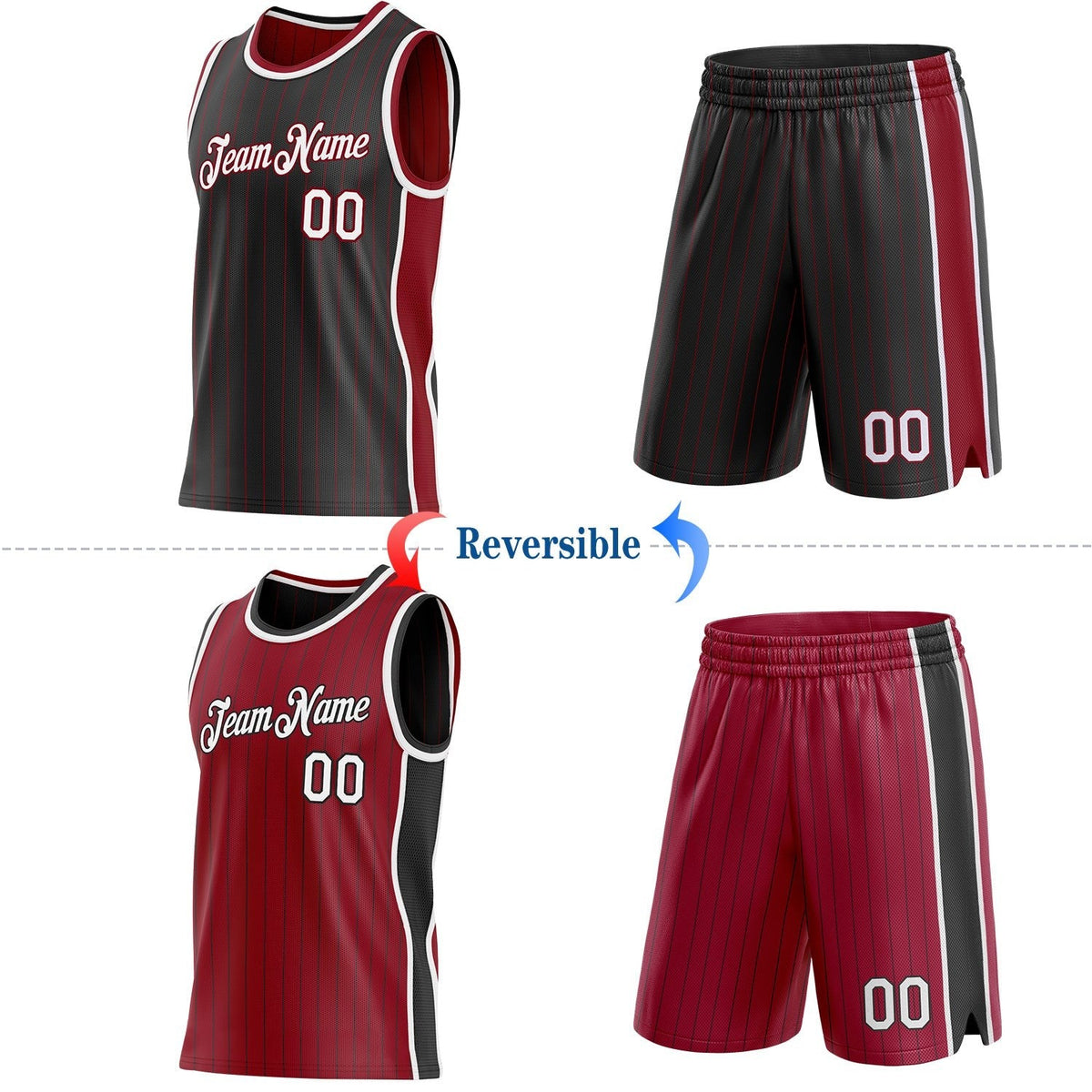 Custom Black Maroon Pinstripe-White Side Panels Reversible Double Side Sublimation Basketball Set Jersey photo 2