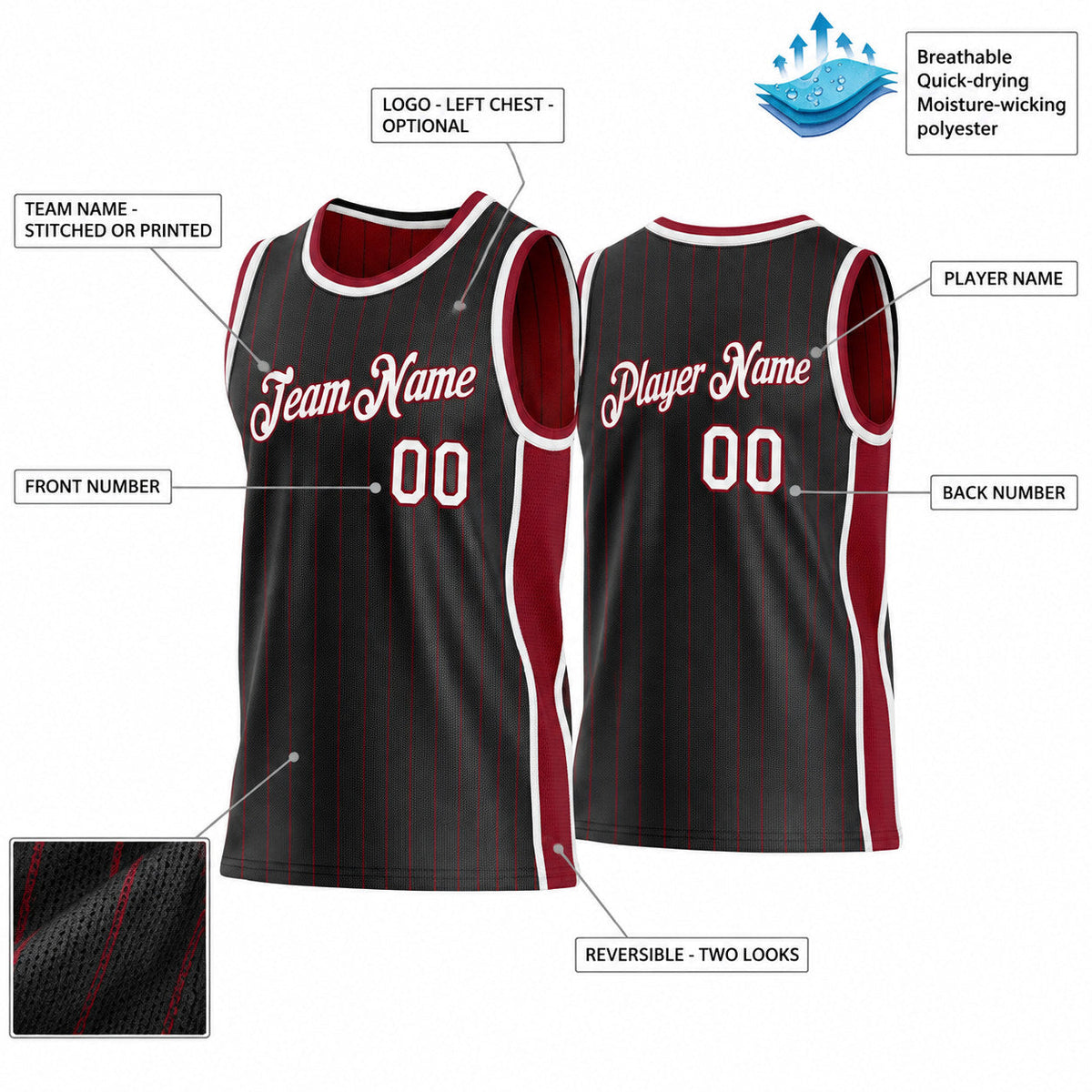Custom Black and Maroon Side Panels Pinstripe Reversible Basketball Jersey Set with White Lettering Design 0936 customization guide
