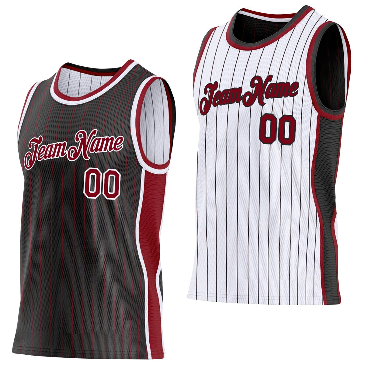 Custom Black Maroon Pinstripe-White Side Panels Reversible Double Side Sublimation Basketball Set Jersey