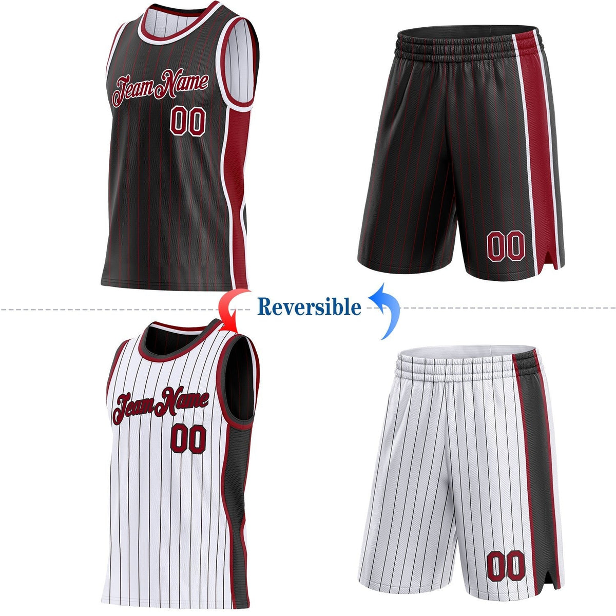 Custom Black Maroon Pinstripe-White Side Panels Reversible Double Side Sublimation Basketball Set Jersey photo 2