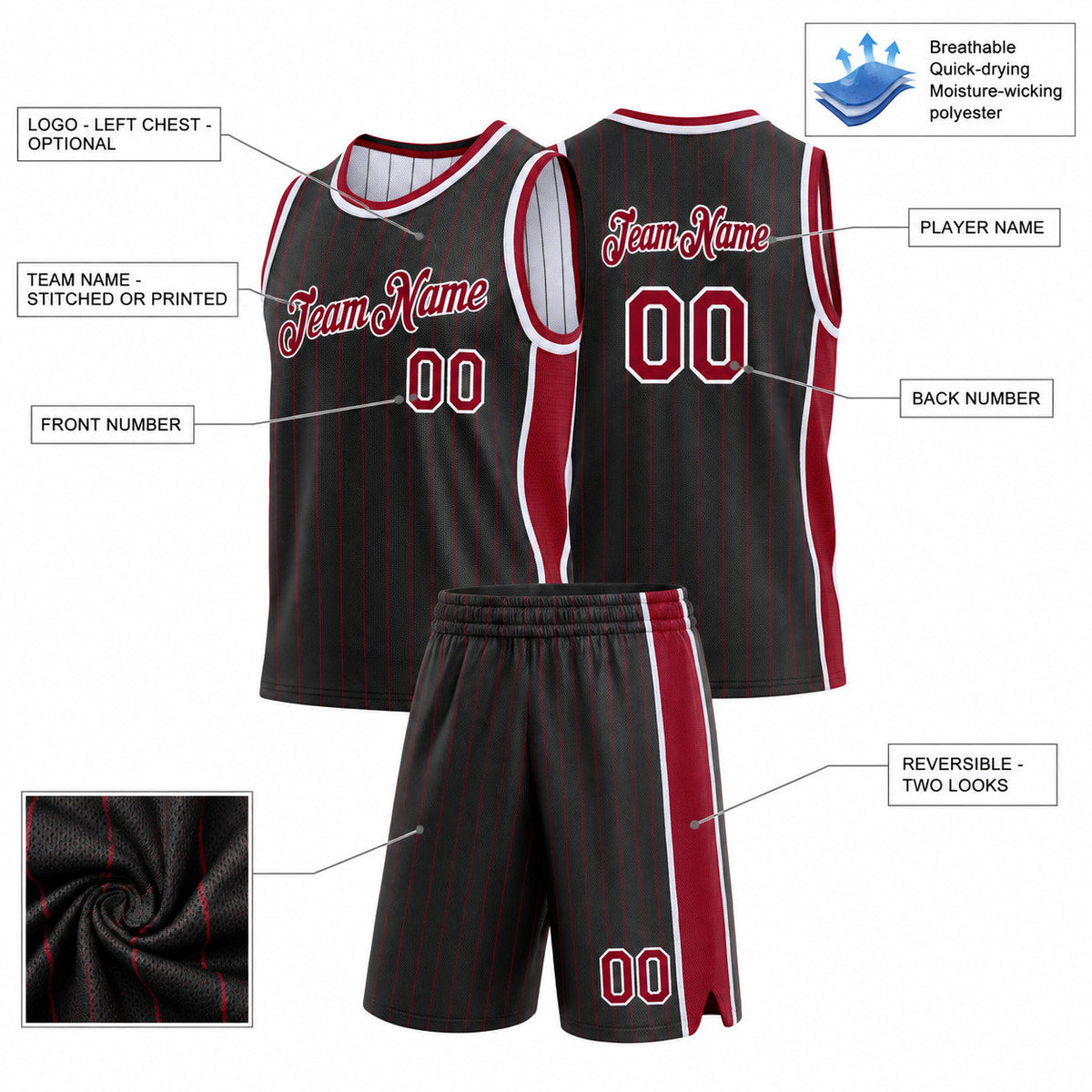 Custom Black and Maroon Side Panels Pinstripe Reversible Basketball Jersey Set with White Lettering Design 0937 customization guide