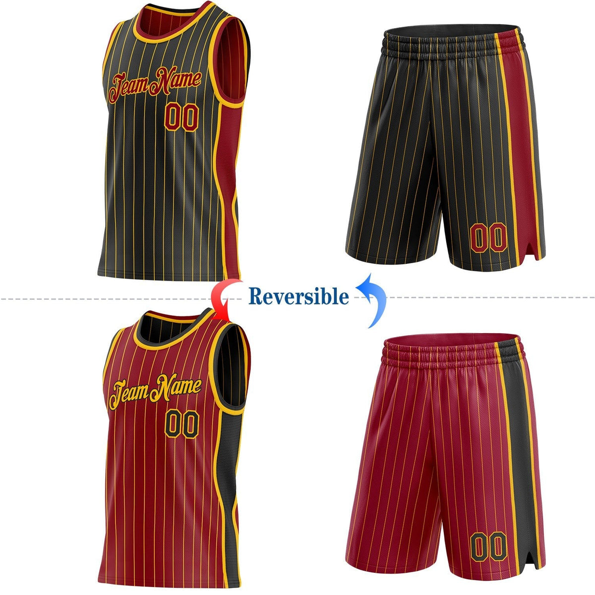 Custom Black Gold Pinstripe-Maroon Side Panels Reversible Double Side Sublimation Basketball Set Jersey photo 2