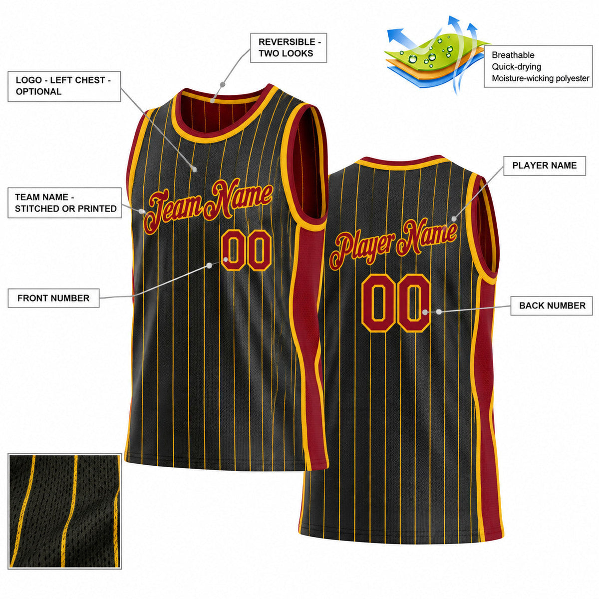 Custom Black and Gold Side Panels Pinstripe Reversible Basketball Jersey Set with Maroon Lettering customization guide