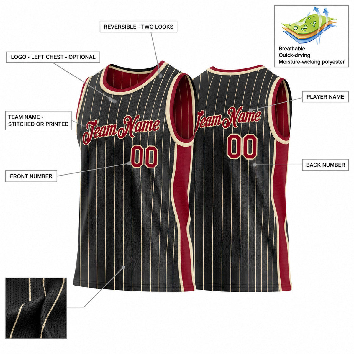 Custom Black and Cream Side Panels Pinstripe Reversible Basketball Jersey Set with Maroon Lettering Design 0939 customization guide