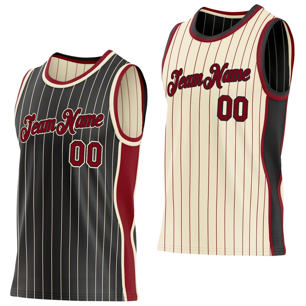 Custom Black Cream Pinstripe-Maroon Side Panels Reversible Double Side Sublimation Basketball Set Jersey