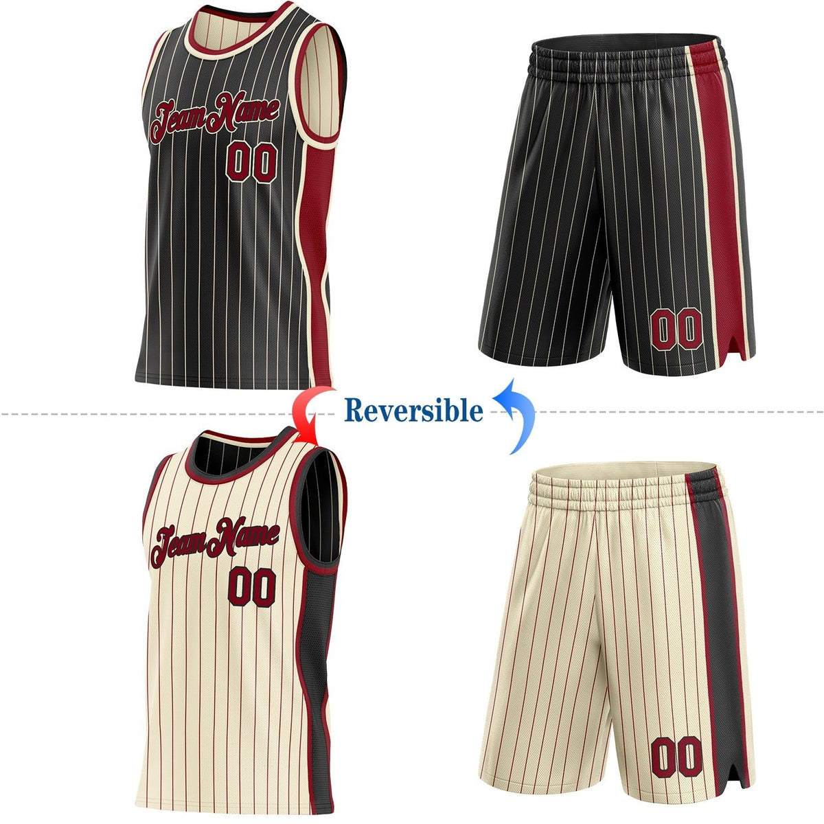 Custom Black Cream Pinstripe-Maroon Side Panels Reversible Double Side Sublimation Basketball Set Jersey photo 2