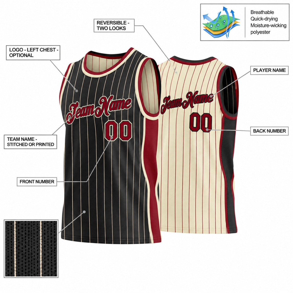 Custom Black and Cream Side Panels Pinstripe Reversible Basketball Jersey Set with Maroon Lettering Design 0940 customization guide