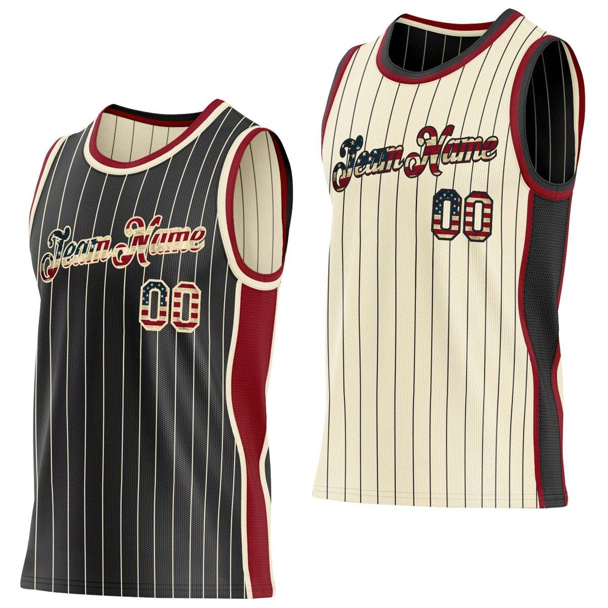 Custom Black Cream Pinstripe Vintage USA Flag-Maroon Side Panels Reversible Double Side Sublimation Basketball Set Jersey
