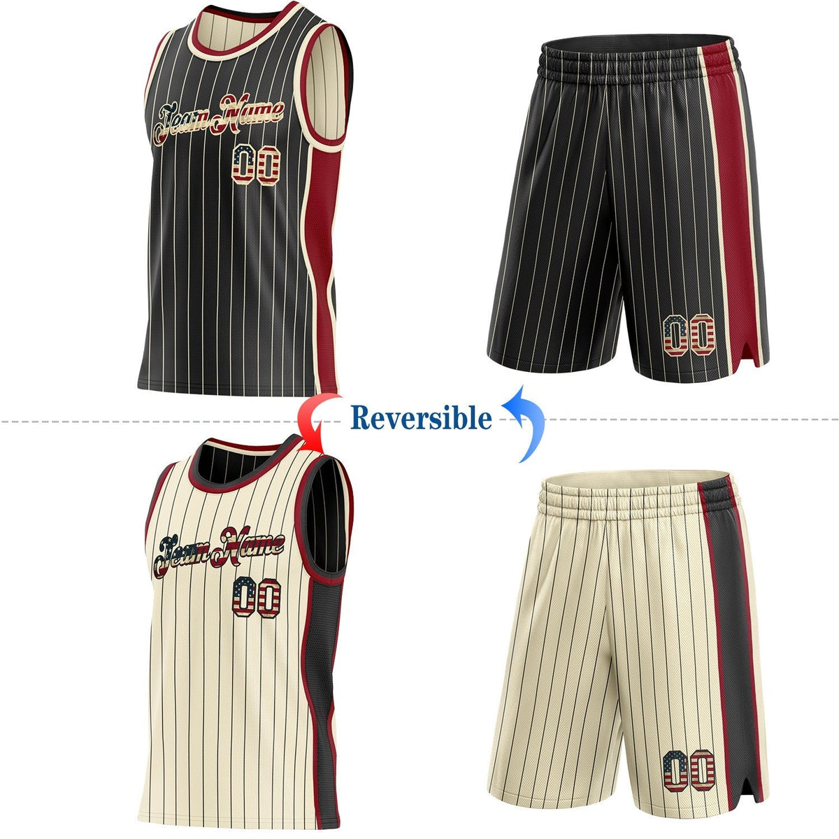 Custom Black Cream Pinstripe Vintage USA Flag-Maroon Side Panels Reversible Double Side Sublimation Basketball Set Jersey photo 2