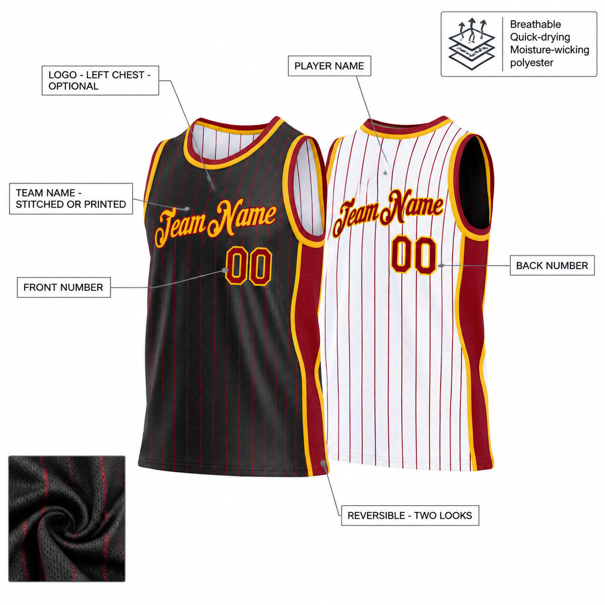 Custom Black and Maroon Side Panels Pinstripe Reversible Basketball Jersey Set with Gold Lettering customization guide
