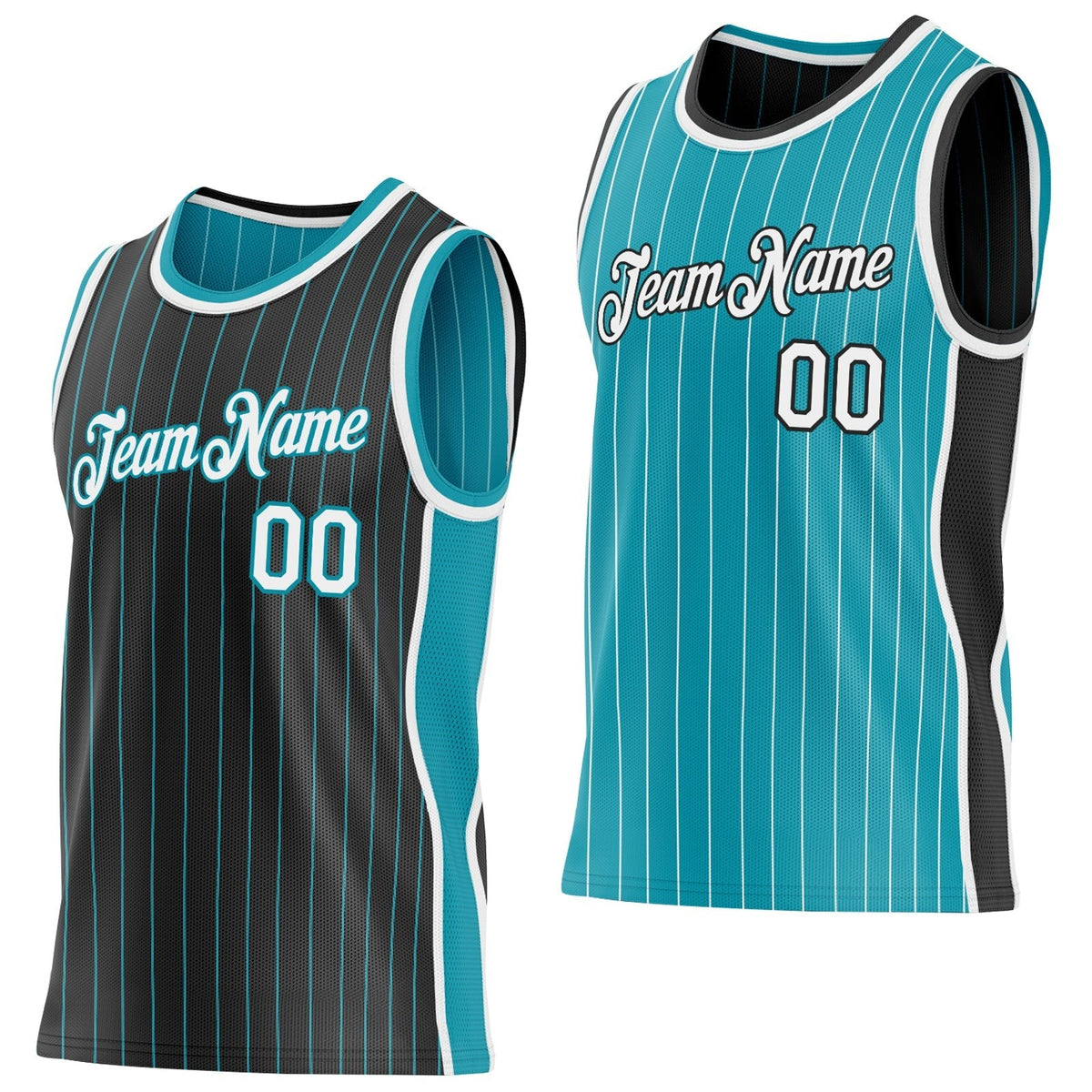 Custom Black Teal Pinstripe-White Side Panels Reversible Double Side Sublimation Basketball Set Jersey