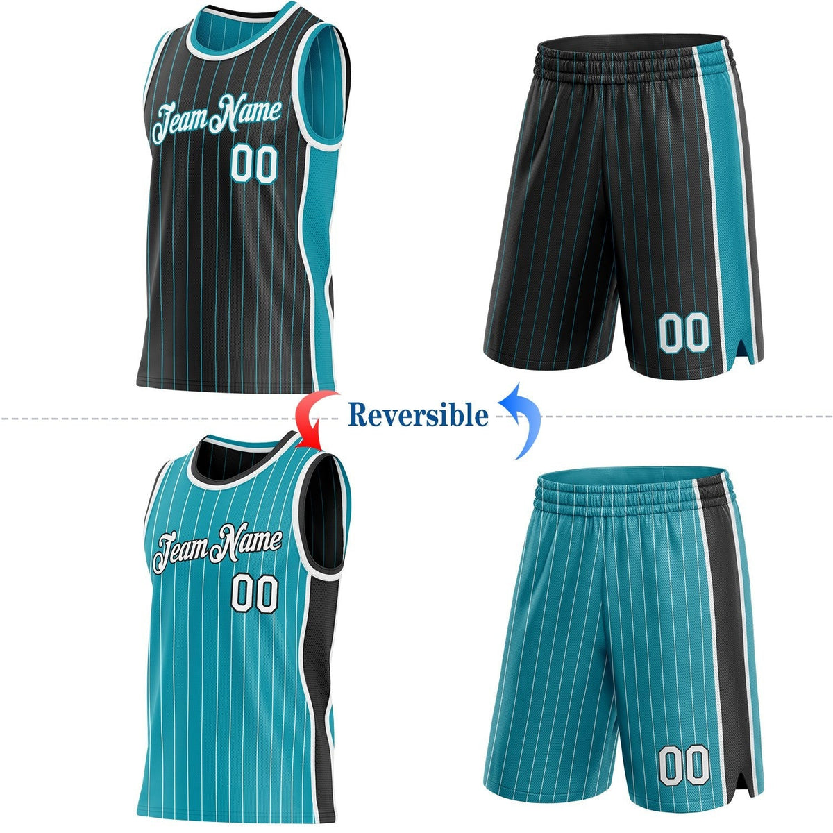 Custom Black Teal Pinstripe-White Side Panels Reversible Double Side Sublimation Basketball Set Jersey photo 2