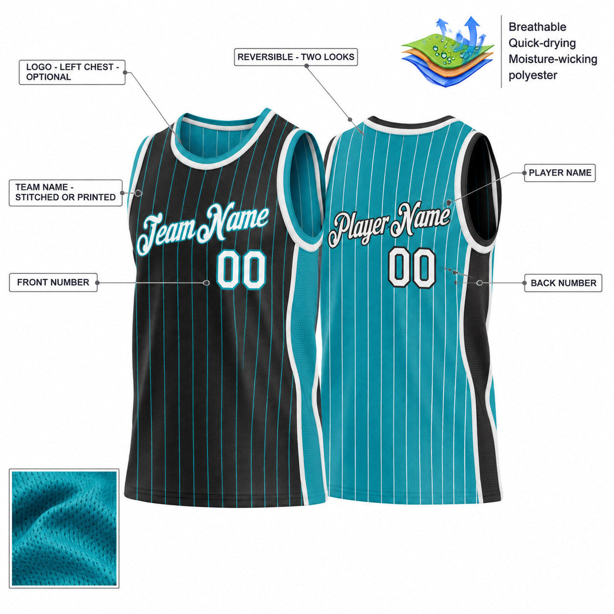Custom Black and Teal Side Panels Pinstripe Reversible Basketball Jersey Set with White Lettering Design 0943 customization guide
