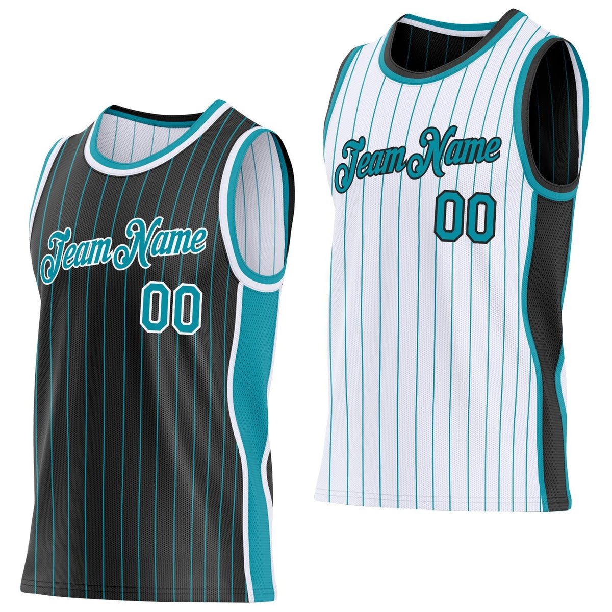 Custom Black Teal Pinstripe-White Side Panels Reversible Double Side Sublimation Basketball Set Jersey