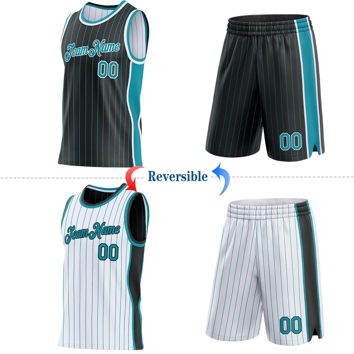Custom Black Teal Pinstripe-White Side Panels Reversible Double Side Sublimation Basketball Set Jersey photo 2