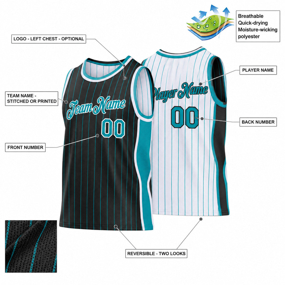 Custom Black and Teal Side Panels Pinstripe Reversible Basketball Jersey Set with White Lettering Design 0944 customization guide