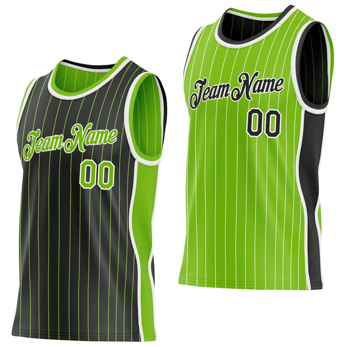 Custom Black Neon Green Pinstripe-White Side Panels Reversible Double Side Sublimation Basketball Set Jersey