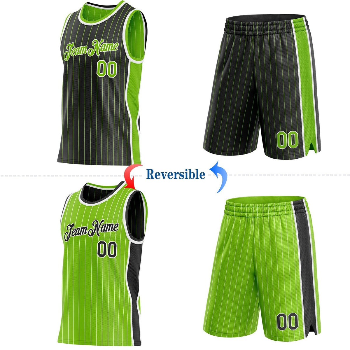 Custom Black Neon Green Pinstripe-White Side Panels Reversible Double Side Sublimation Basketball Set Jersey photo 2