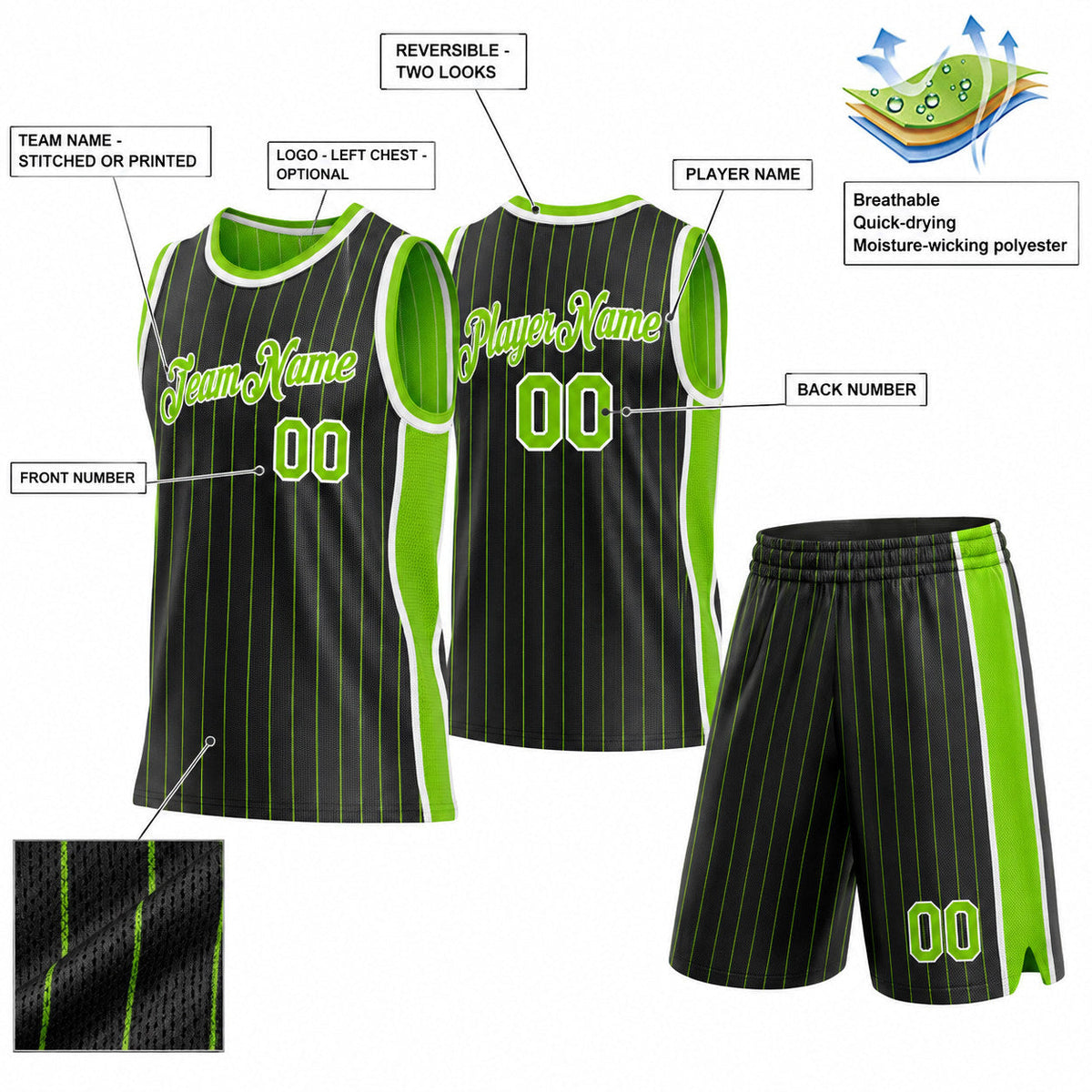 Custom Black and Neon Green Side Panels Basketball Jersey Set with White Lettering Design 0945 customization guide