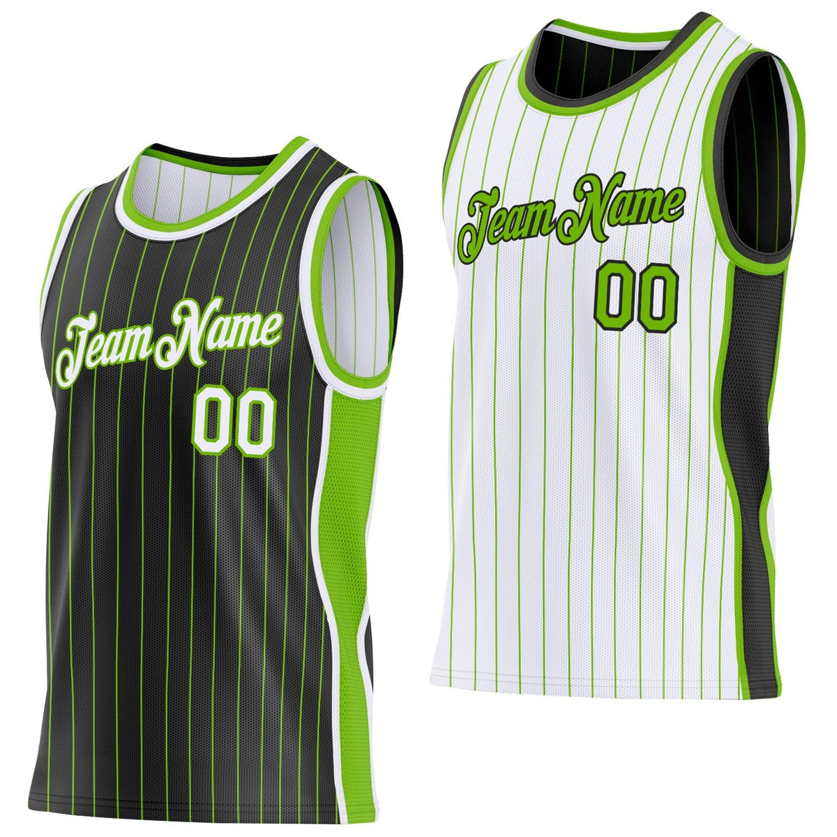 Custom Black Neon Green Pinstripe-White Side Panels Reversible Double Side Sublimation Basketball Set Jersey