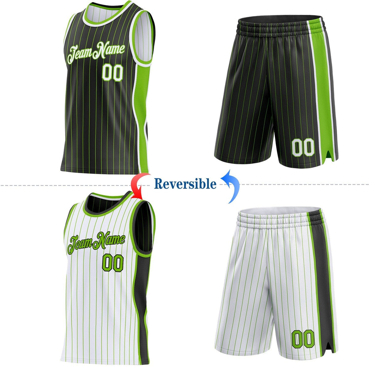 Custom Black Neon Green Pinstripe-White Side Panels Reversible Double Side Sublimation Basketball Set Jersey photo 2