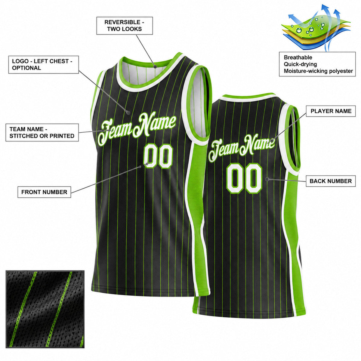 Custom Black and Neon Green Side Panels Basketball Jersey Set with White Lettering Design 0946 customization guide