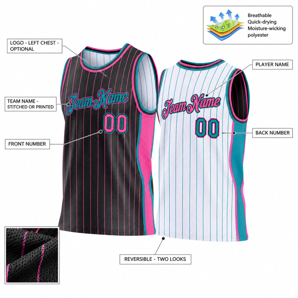 Custom Black and Pink Side Panels Pinstripe Reversible Basketball Jersey Set with Teal Lettering Design 0947 customization guide