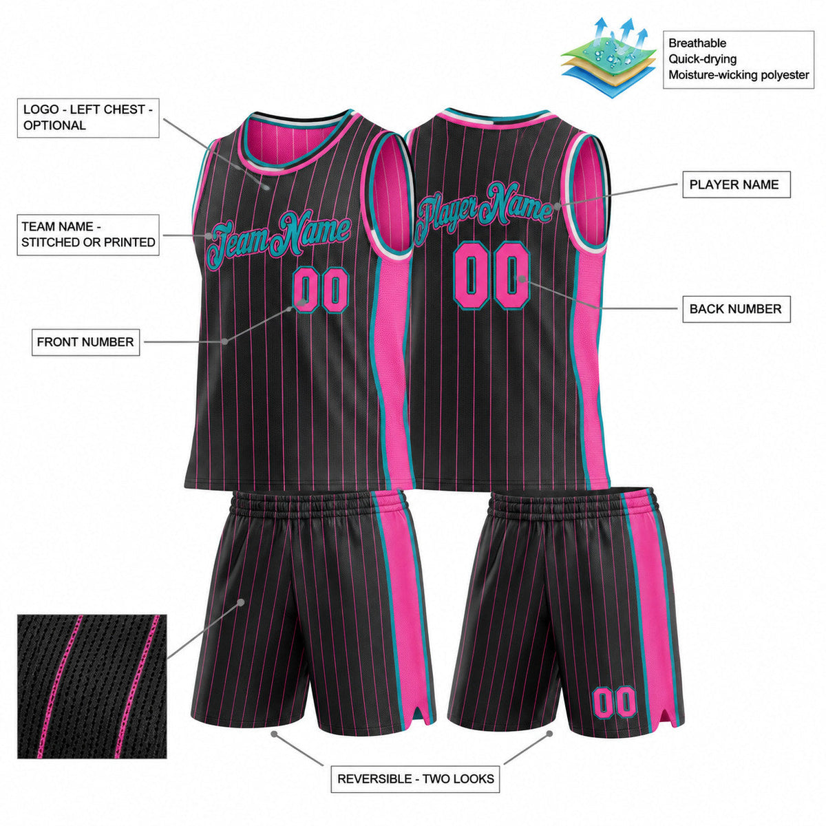 Custom Black and Pink Side Panels Pinstripe Reversible Basketball Jersey Set with Teal Lettering Design 0948 customization guide