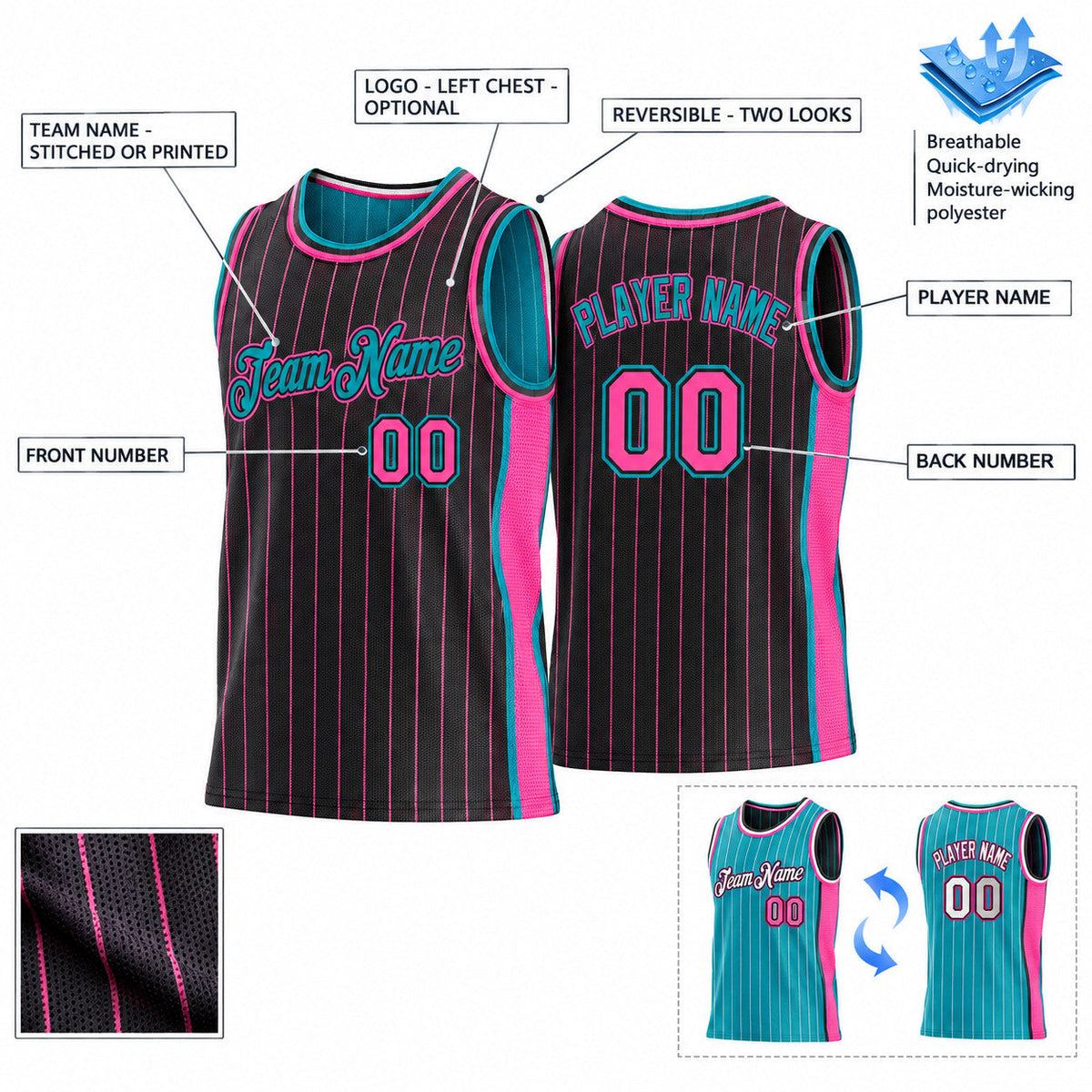 Custom Black and Pink Side Panels Pinstripe Reversible Basketball Jersey Set with Teal Lettering Design 0949 customization guide
