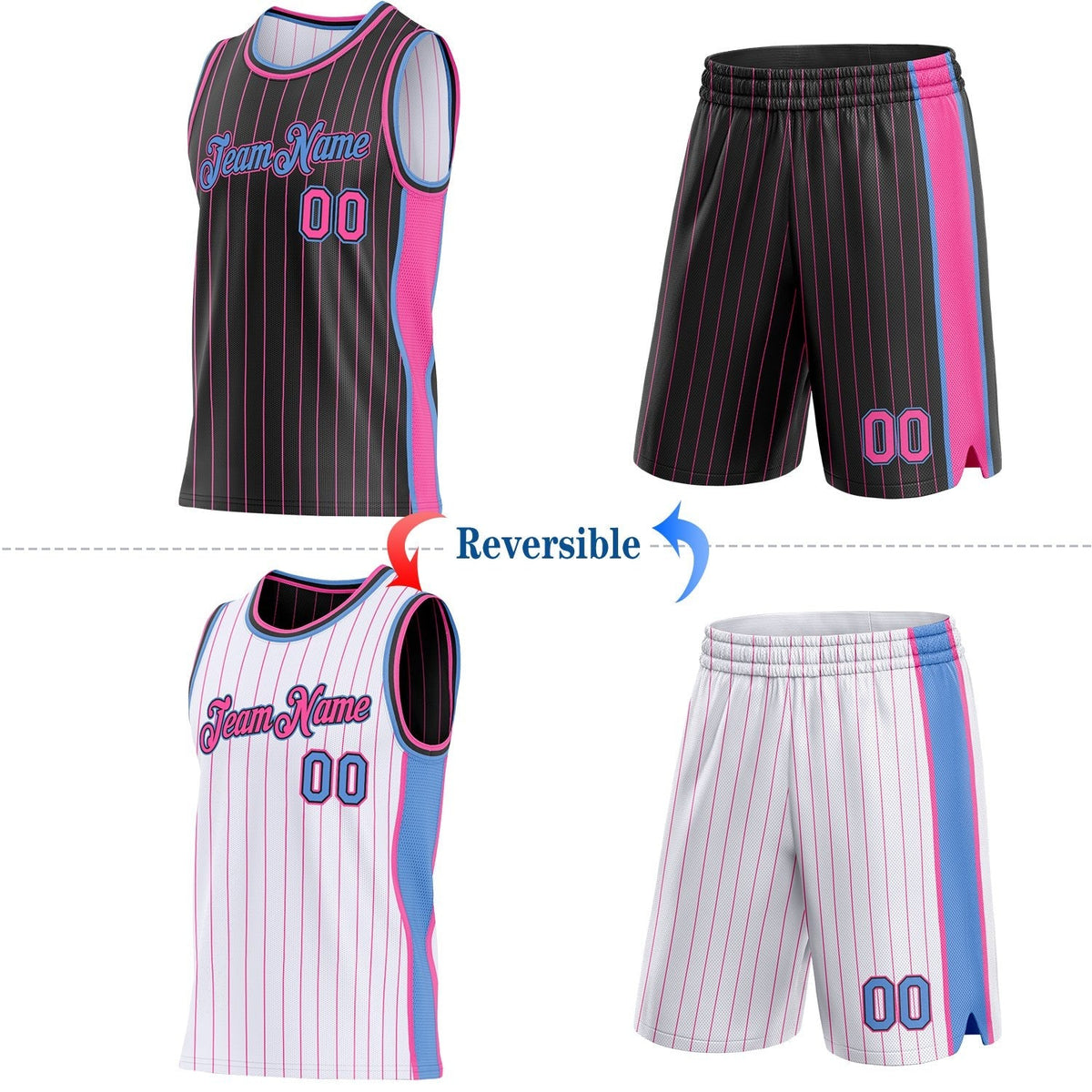 Custom Black Pink Pinstripe-Light Blue Side Panels Reversible Double Side Sublimation Basketball Set Jersey photo 2
