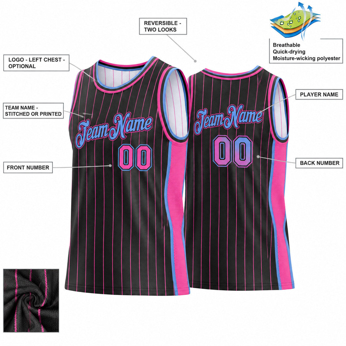 Custom Black and Pink Side Panels Basketball Jersey Set with Light Blue Lettering Design 0950 customization guide
