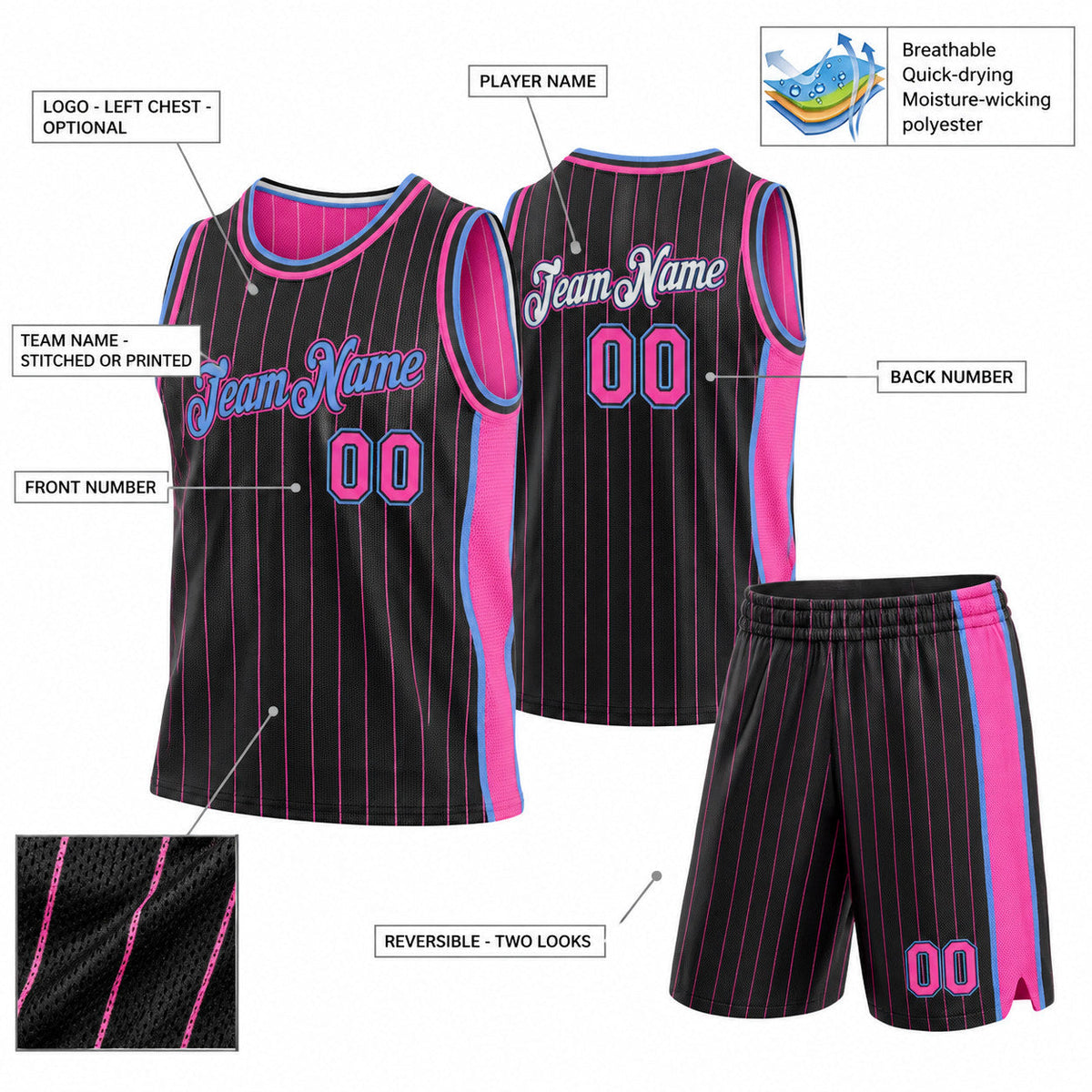 Custom Black and Pink Side Panels Basketball Jersey Set with Light Blue Lettering Design 0951 customization guide