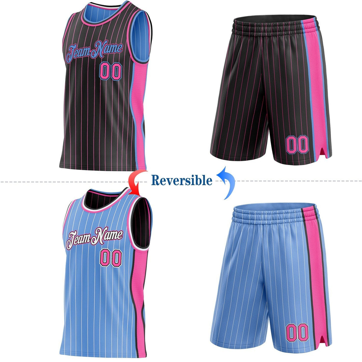 Custom Black Pink Pinstripe-Light Blue Side Panels Reversible Double Side Sublimation Basketball Set Jersey photo 2
