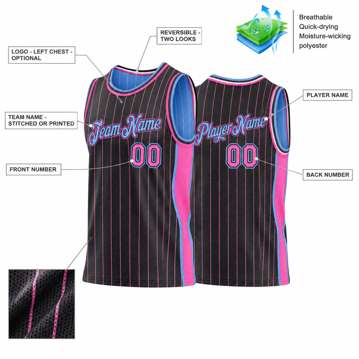 Custom Black and Pink Side Panels Basketball Jersey Set with Light Blue Lettering Design 0952 customization guide