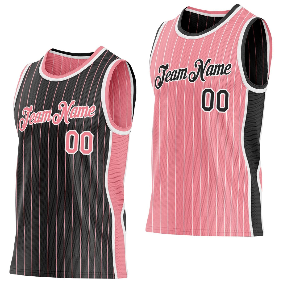 Custom Black Medium Pink Pinstripe-White Side Panels Reversible Double Side Sublimation Basketball Set Jersey
