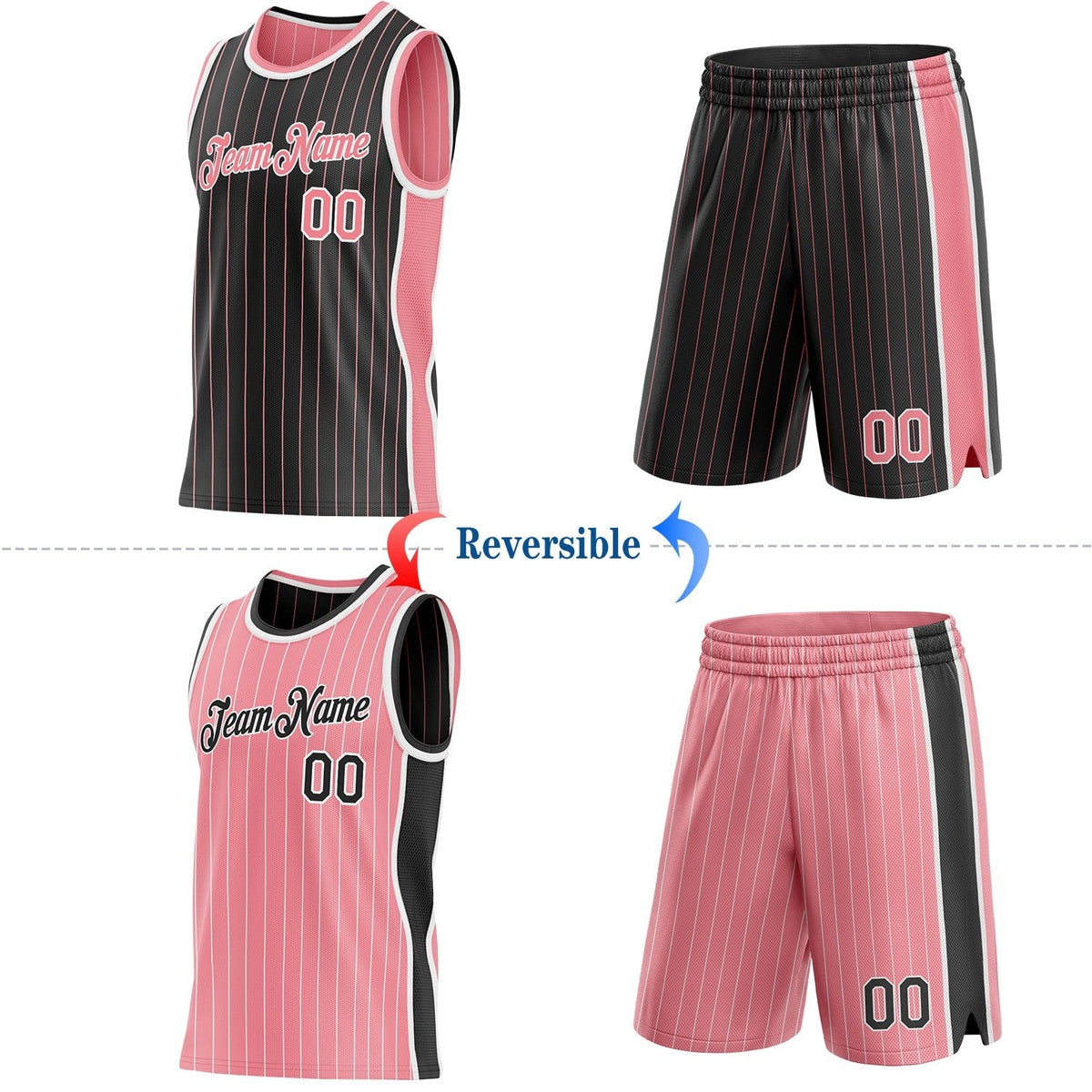 Custom Black Medium Pink Pinstripe-White Side Panels Reversible Double Side Sublimation Basketball Set Jersey photo 2