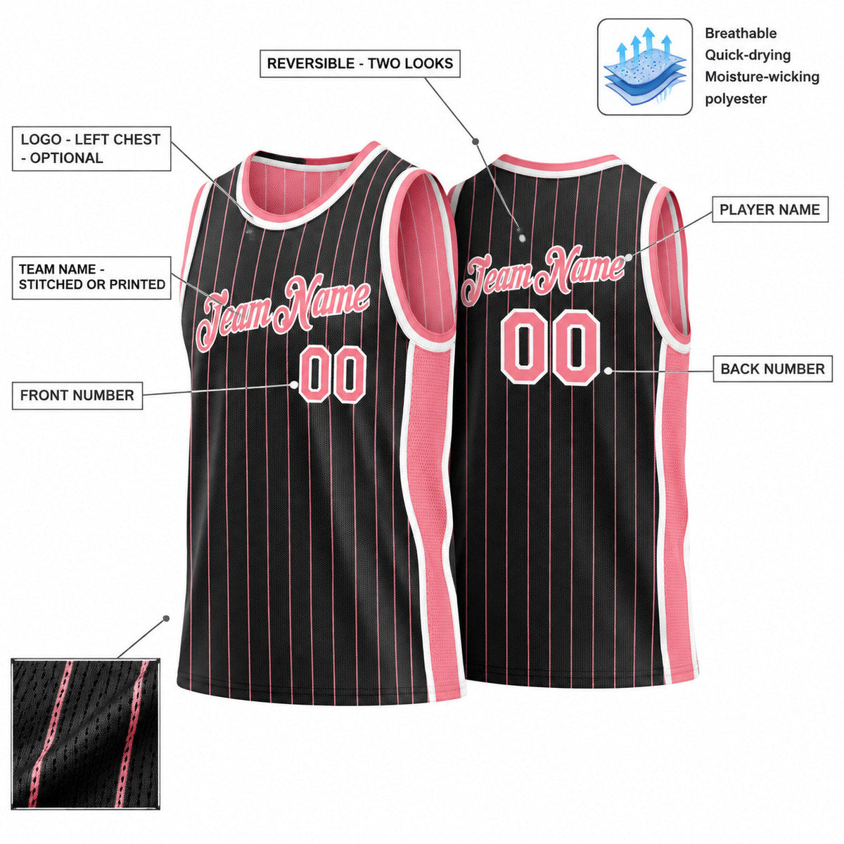 Custom Black and Medium Pink Side Panels Basketball Jersey Set with White Lettering Design 0953 customization guide
