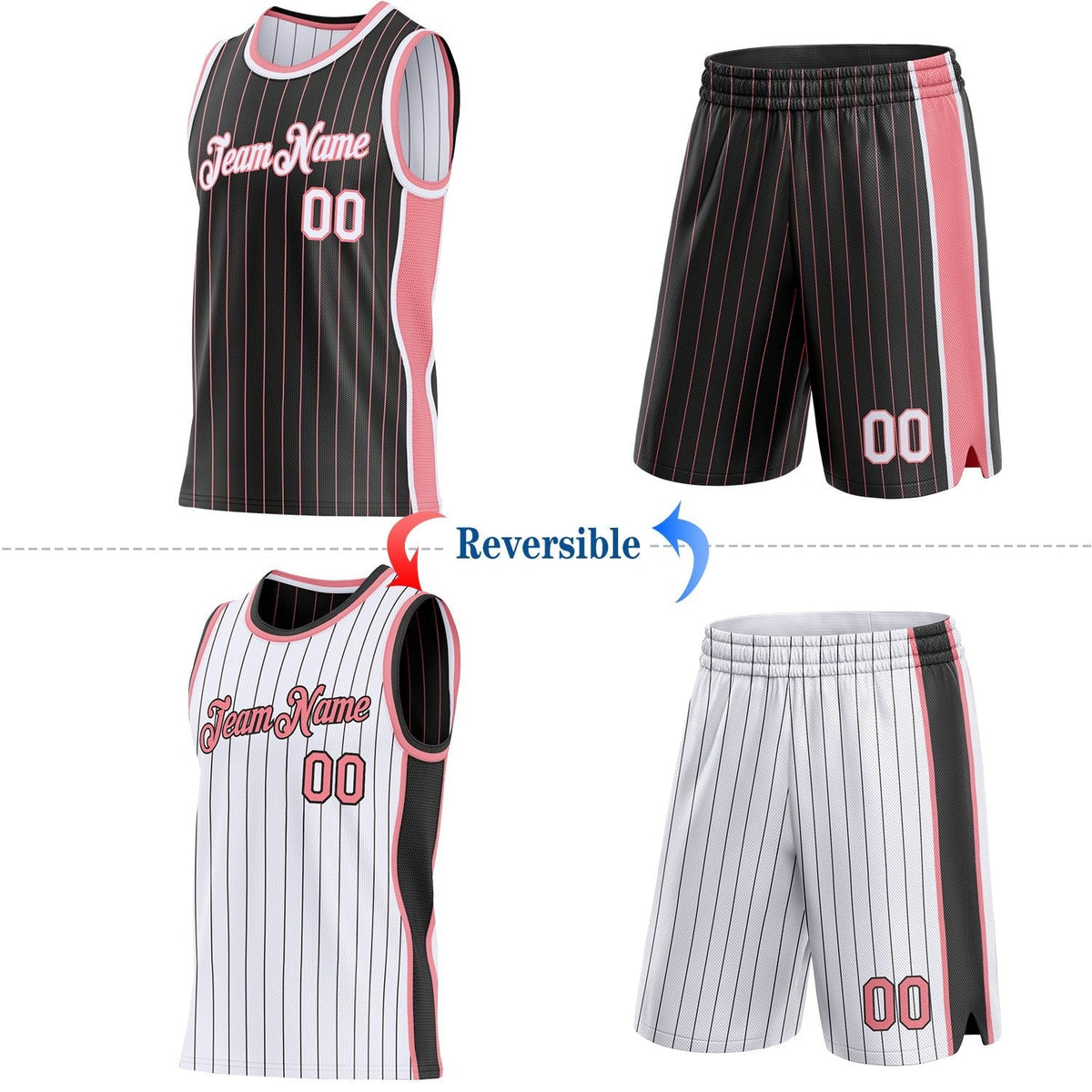 Custom Black Medium Pink Pinstripe-White Side Panels Reversible Double Side Sublimation Basketball Set Jersey photo 2