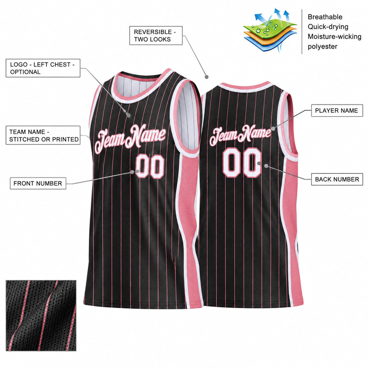 Custom Black and Medium Pink Side Panels Basketball Jersey Set with White Lettering Design 0954 customization guide