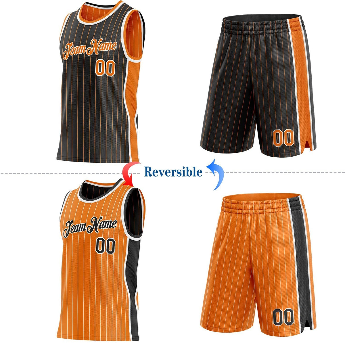 Custom Black Bay Orange Pinstripe-White Side Panels Reversible Double Side Sublimation Basketball Set Jersey photo 2