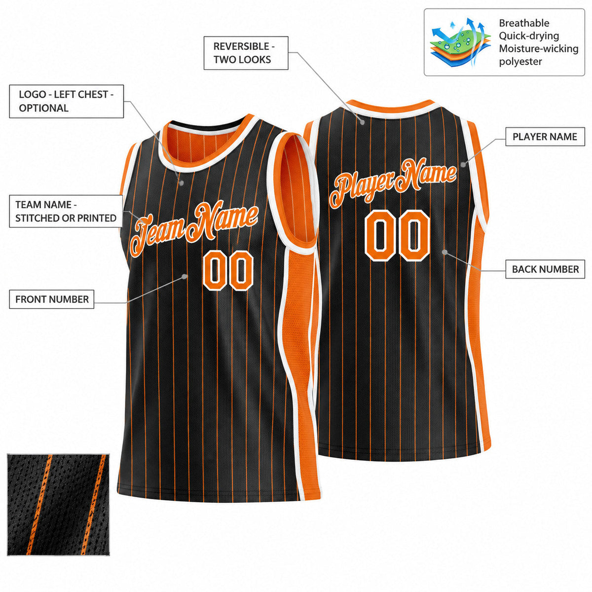 Custom Black and Bay Orange Side Panels Basketball Jersey Set with White Lettering Design 0955 customization guide