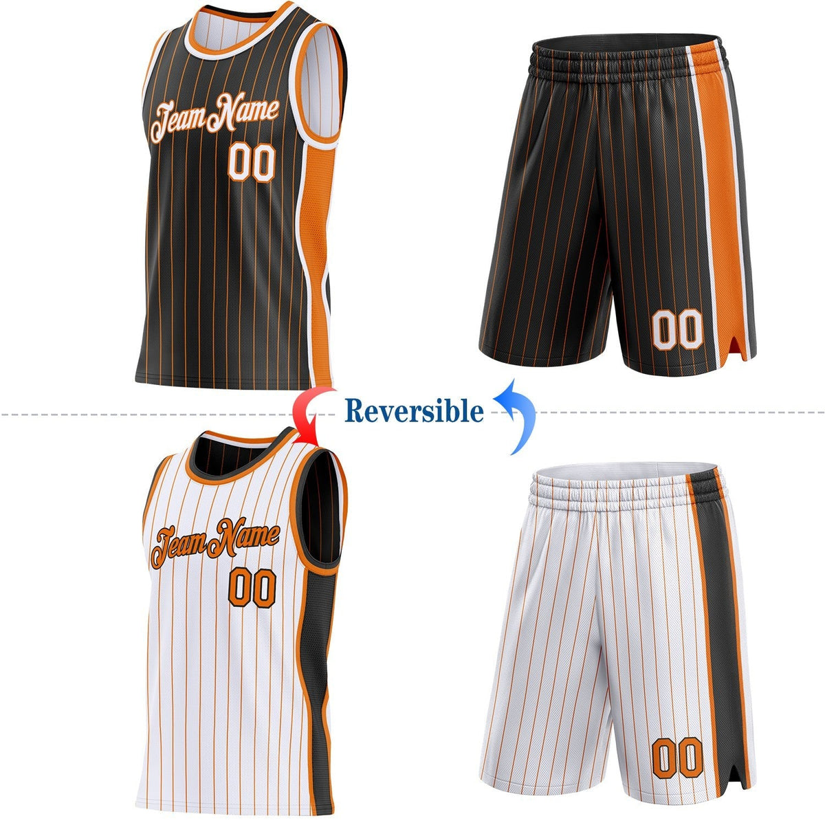 Custom Black Bay Orange Pinstripe-White Side Panels Reversible Double Side Sublimation Basketball Set Jersey photo 2