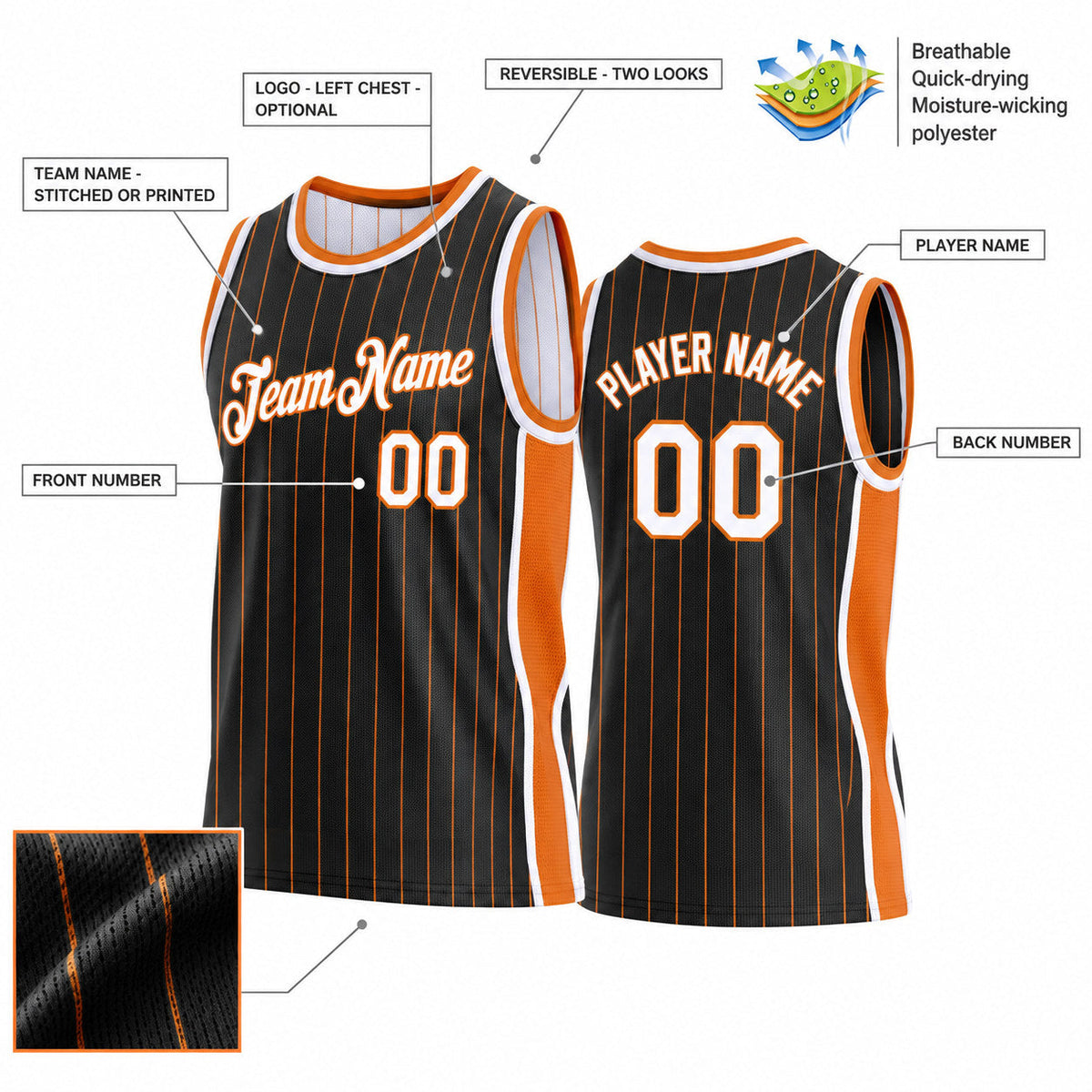 Custom Black and Bay Orange Side Panels Basketball Jersey Set with White Lettering Design 0956 customization guide