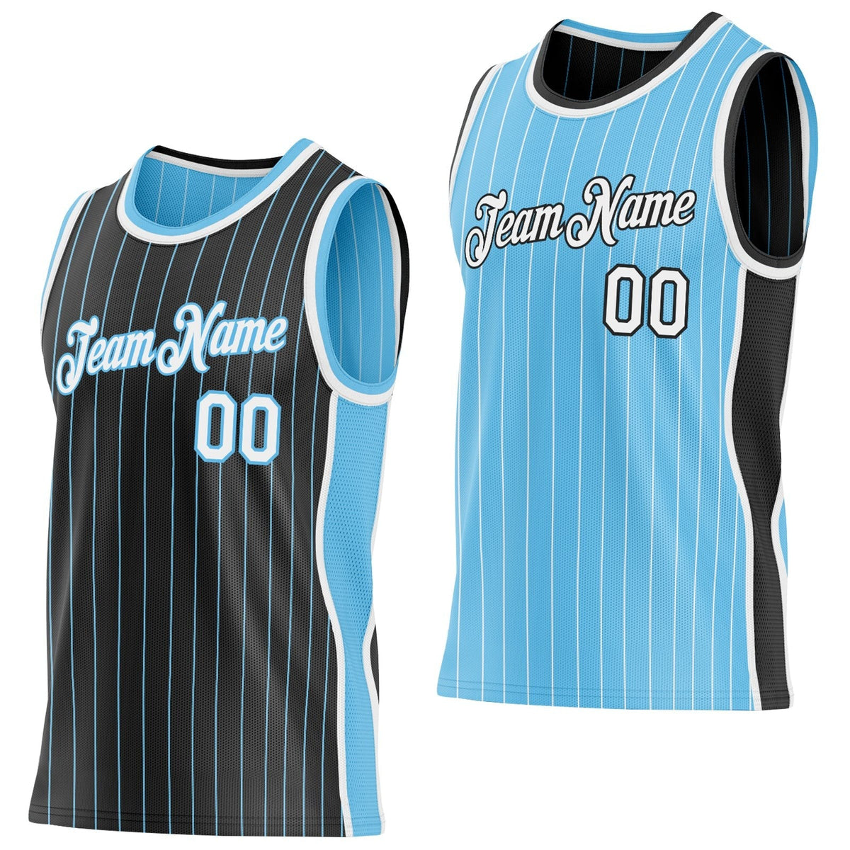 Custom Black Sky Blue Pinstripe-White Side Panels Reversible Double Side Sublimation Basketball Set Jersey